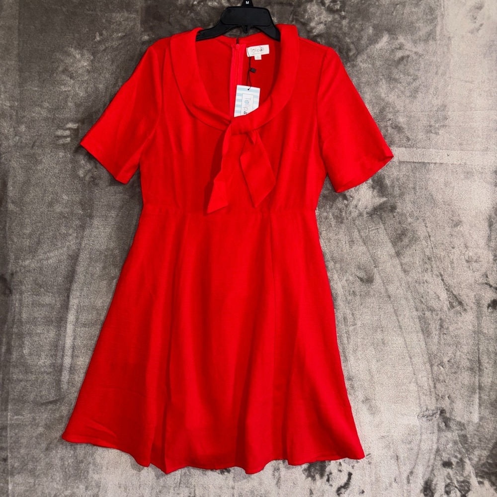 Tulip B Fit Flare Dress Womens Medium Red Bow Neck Short Sleeve NWT - Picture 3 of 12